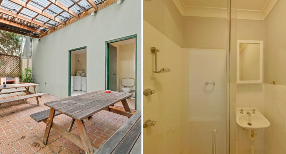 Left, outdoor eating area can be seen outside of the private bathroom. Right, the bathroom can be seen with a shower, sink and mirror.