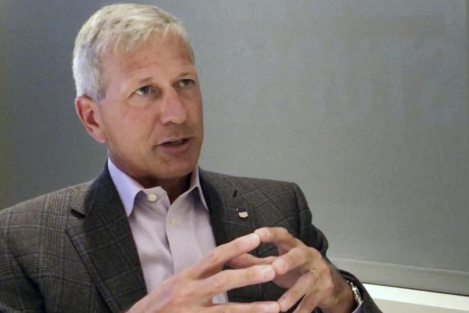 FILE - In this image from video, Union Pacific CEO Lance Fritz speaks during an interview at the company's headquarters in Omaha, Neb., on Sept. 9, 2021. Union Pacific announced plans Sunday, Feb. 26, 2023, to replace Fritz later this year after a hedge fund that holds a $1.6 billion stake in the railroad went public with its concerns about his leadership. (AP Photo/File)