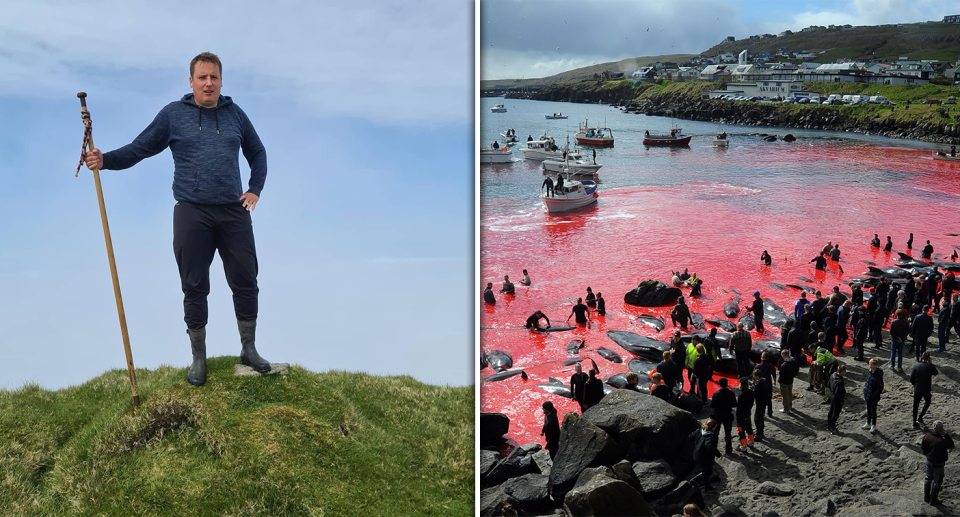Jan á Líknargøtu on a mountain with a staff (left). Blood red waters of the Faroe Islands during a dolphin hunt (right).