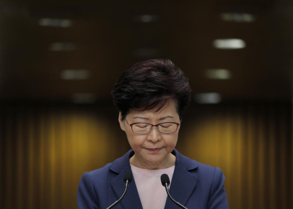 Hong Kong Chief Executive Carrie Lam pauses during a press conference in Hong Kong, Tuesday, July 9, 2019. Lam said Tuesday the effort to amend an extradition bill was dead, but it wasn't clear if the legislation was being withdrawn as protesters have demanded. (AP Photo/Vincent Yu)