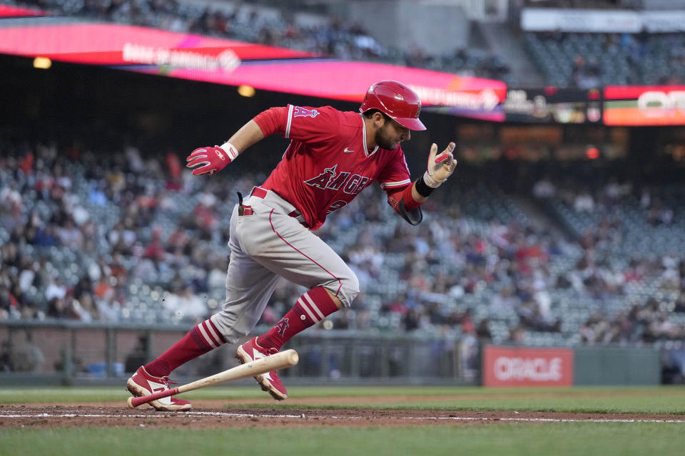 Los Angeles Angels' David Fletcher runs to first base after hitting a single against the San Francisco Giants during the fourth inning of a baseball game Tuesday, June 1, 2021, in San Francisco. (AP Photo/Tony Avelar)