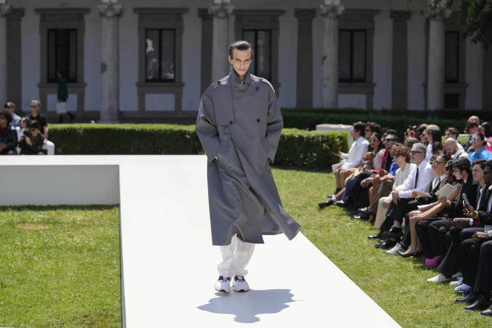 A model wears a creation as part of the Valentino men's Spring Summer 2024 collection presented in Milan, Italy, Friday, June 16, 2023. (AP Photo/Luca Bruno)