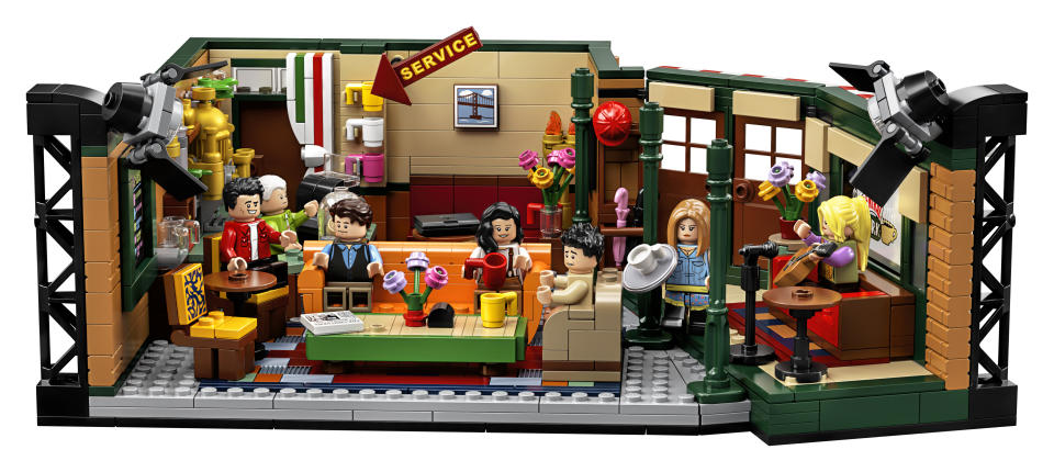 The photo provided by LEGO shows the LEGO Ideas “Friends” brick set pictured marks the 25th anniversary of the iconic sitcom. Warner Bros. has partnered with LEGO and a range of other brands to provide fans with merchandise from jewelry to Rachel’s famous apothecary table. (LEGO via AP)