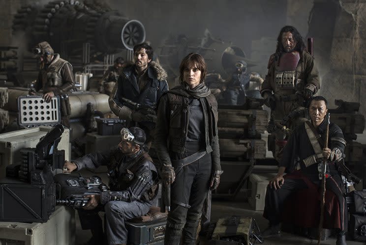 'Rogue One' cast (L to R): Riz Ahmed, Diego Luna, Felicity Jones, Jiang Wen, and Donnie Yen (Photo: Jonathan Olley/Lucasfilm)