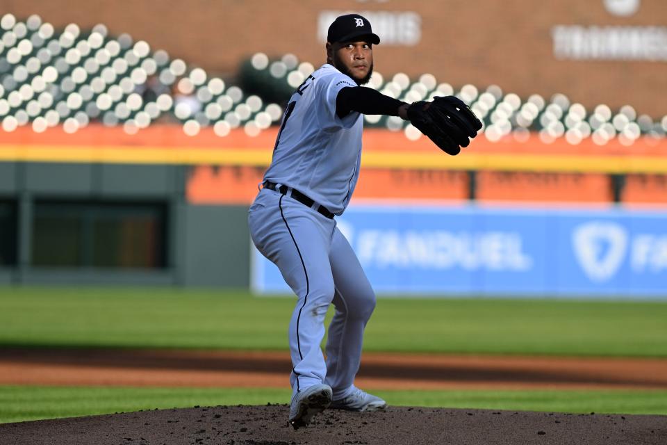 Detroit Tigers starting pitcher Eduardo Rodriguez (57) throws a pitch against the Oakland Athletics in the first inning at Comerica Park in Detroit on Wednesday, July 5, 2023.