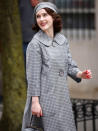 <p>Rachel Brosnahan is spotted in a plaid beret and matching overcoat while filming <em>The Marvelous Mrs. Maisel</em> on Tuesday in N.Y.C.</p>