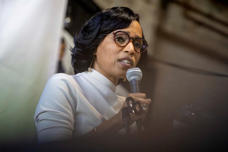 BALTIMORE, MD – OCTOBER 23: Angela Alsobrooks speaks during a campaign event for her run for the U.S. Senate at Monument City Brewing Company in Baltimore, Maryland, on October 23, 2023.(Amanda Andrade-Rhoades/For The Washington Post via Getty Images)