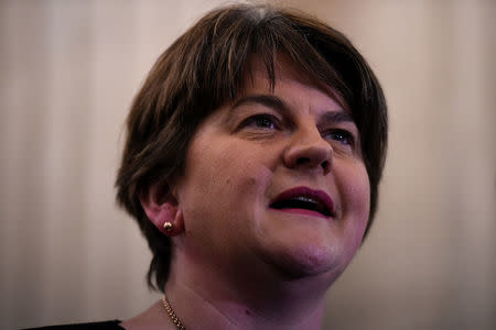 DUP leader Arlene Foster speaks during a news conference in Parliament Buildings at Stormont in Belfast, Northern Ireland February 12, 2018. REUTERS/Clodagh Kilcoyne