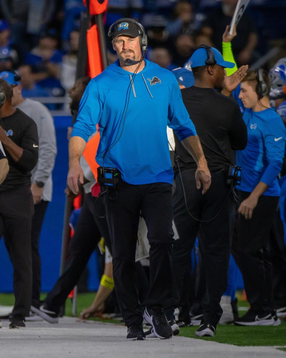 Lions head coach Dan Campbell walks the sidelines during the second half Dec. 4 2022 of a game against the Jaguars at Ford Field.