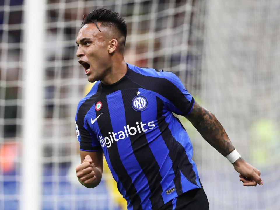 Lautaro Martinez of FC Internazionale celebrates after scoring their team's third goal during the Serie A match between FC Internazionale and US Cremonese at Stadio Giuseppe Meazza.
