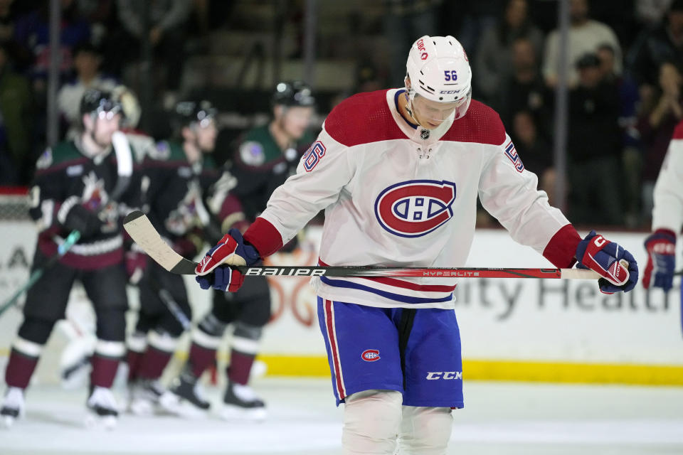 Montreal Canadiens right wing Jesse Ylonen skates back to the bench after a goal by Arizona Coyotes' Lawson Crouse during the second period of an NHL hockey game Thursday, Nov. 2, 2023, in Tempe, Ariz. (AP Photo/Ross D. Franklin)