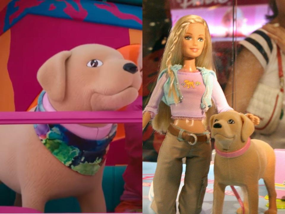 Tanner the dog in the "Barbie" movie and in real life.