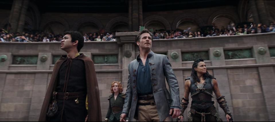 A band of thieves – Simon (Justice Smith, from left), Doric (Sophia Lillis) Edgin (Chris Pine) and Holga (Michelle Rodriguez) – tries to right a wrong in the fantasy adventure "Dungeons & Dragons: Honor Among Thieves."