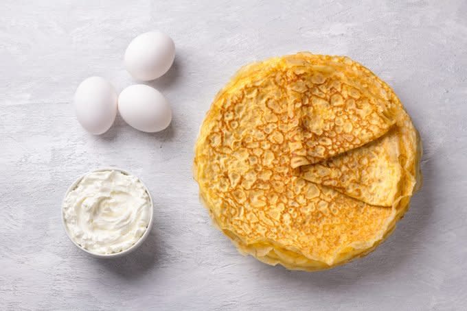 Delicious Homemade Low Carb Diet Keto Pancakes Without Flour And Nuts With Ingredients For Cooking On Gray Textured Background