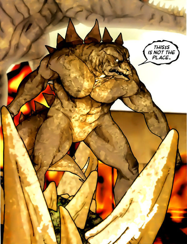 <a href="http://scans-daily.dreamwidth.org/3352943.html#cutid1" target="_blank">Vincent Stegron</a> injected himself with dinosaur DNA to become Stegron, a dinosaur creature bent on reclaiming the earth for the dinosaurs. Later, he exiled himself to the Arctic Circle, sort of like the Marvel version of Frankenstein’s monster, where he found a rock with de-evolving powers. He got his friend to put it on display in the Museum of Natural History in the hopes that it would devolve the residents of New York City into dinosaur creatures like himself. It seems like villains would have it a lot easier if they had less lofty goals. 