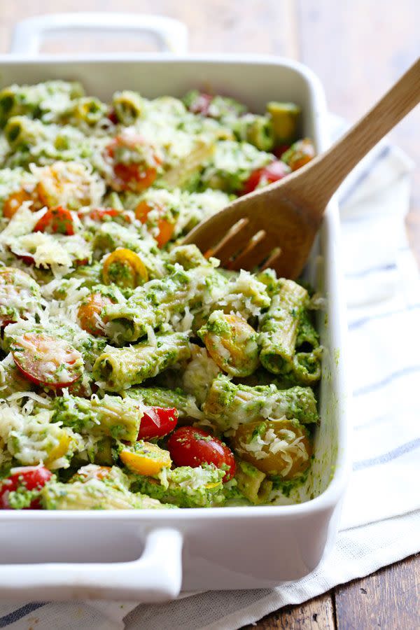 Healthy Baked Pesto Rigatoni