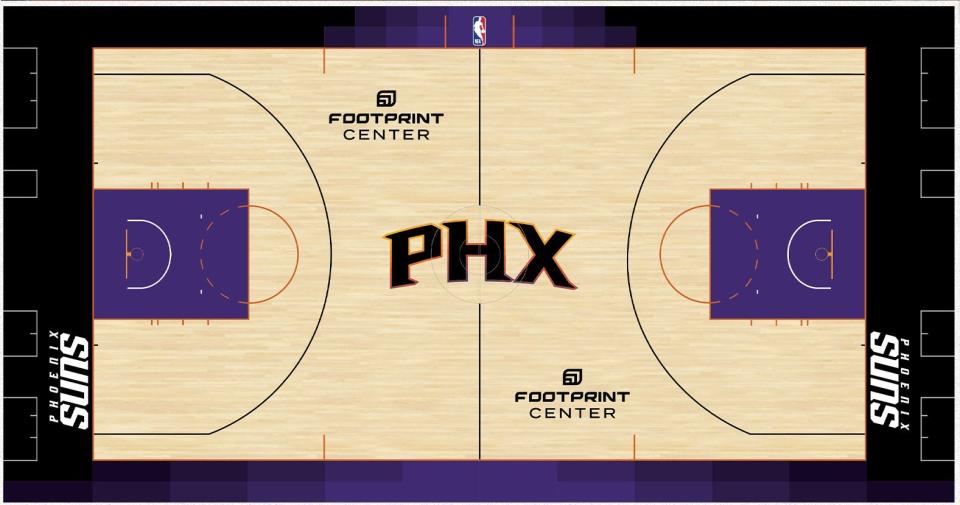 Phoenix Suns statement court design for the 2023-24 season.