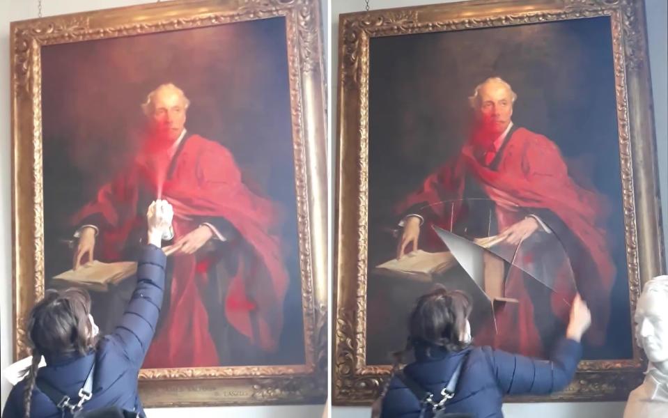 The Palestine Action protester sprays a painted portrait of Lord Balfour with red spray paint before slashing the canvas