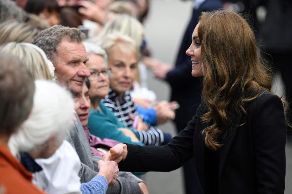 The Princess of Wales speaks to members of the public outside the Sandringham Estate. (AFP via Getty Images)