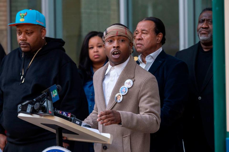 Jamal Dupree, brother of Tyre Nichols, left, listens as the brother of Stephon Clark, Stevante Clark, center, speaks during a press conference at City Hall in Sacramento on Friday about the killing of former Sacramento resident Tyre Nicohols. Nichols died on Jan. 10 after being severely beaten by Memphis law enforcement officers.