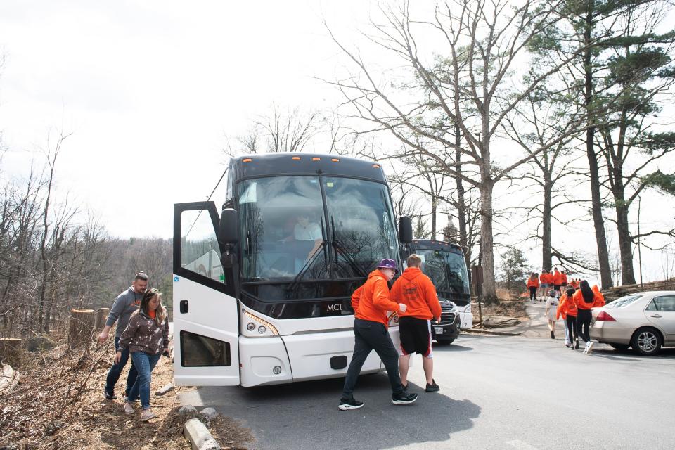 Visitors exit a tour bus and try to cross a busy Sykes Avenue to enter Little Round Top at Gettysburg National Military Park. Safety is one of the major issues the National Park Service is seeking to address this year when rehabilitation begins.