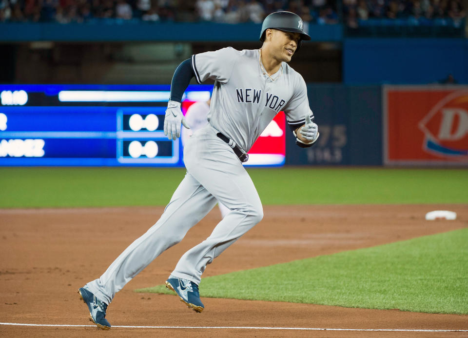 Get used to watching Giancarlo Stanton in a home run trout this season (AP).