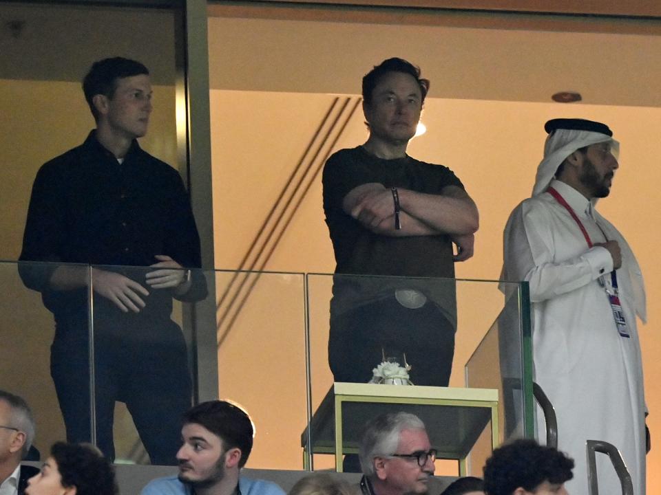 Jared Kushner and Elon Musk look on during the FIFA World Cup Qatar 2022 Final match between Argentina and France at Lusail Stadium on December 18, 2022 in Lusail City, Qatar.