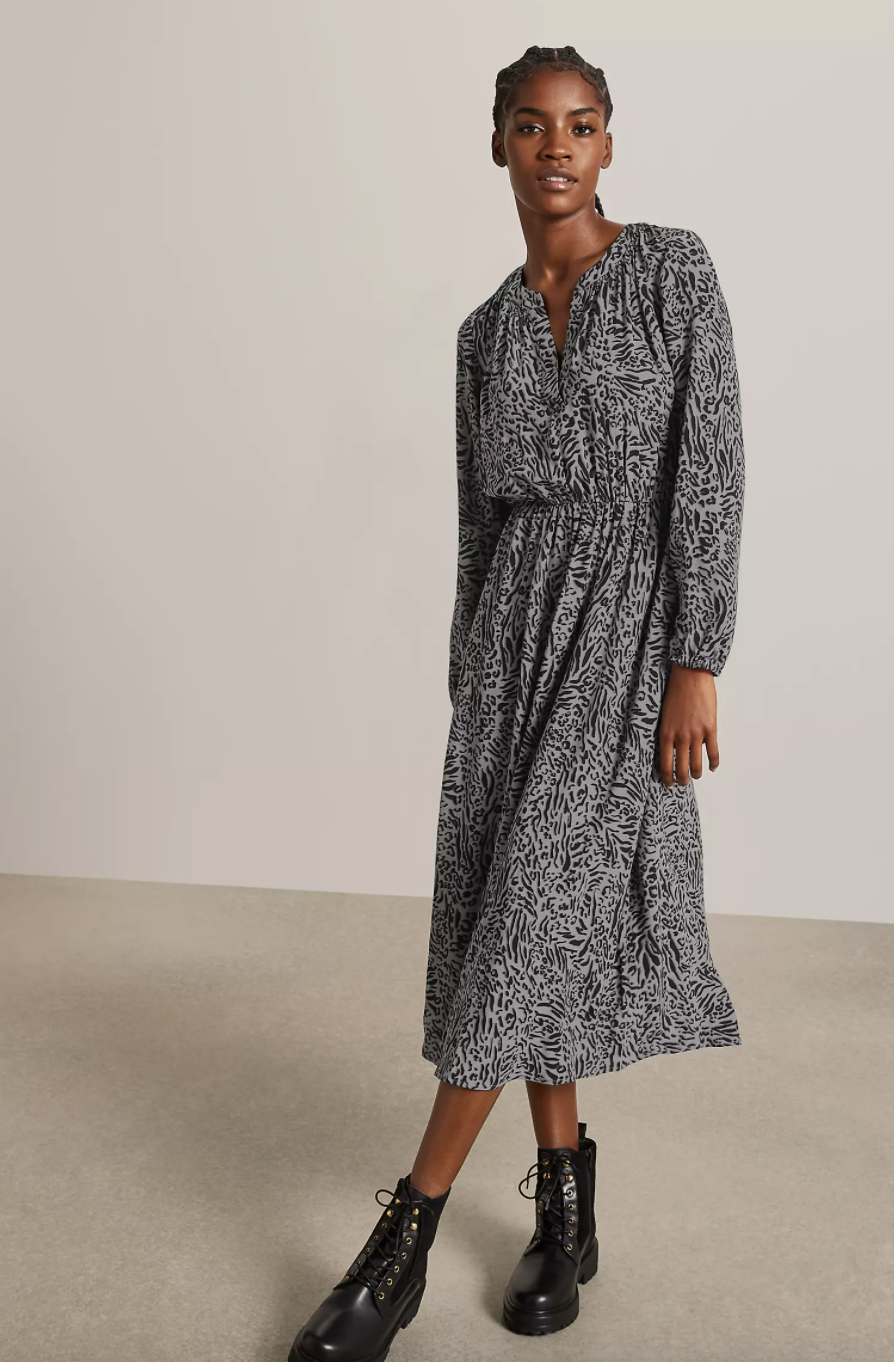 Animal Print Gathered Neck Midi Dress (John Lewis & Partners)