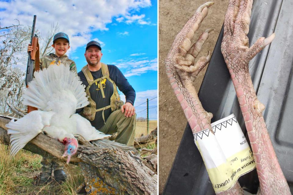 A young hunter poses with an all-white jake taken in North Dakota. 