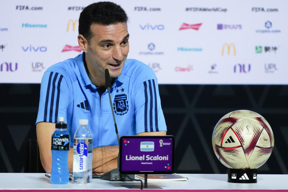 Argentina's head coach Lionel Scaloni attends a press conference ahead of the final soccer match between Argentina and France in Doha, Qatar, Saturday, Dec. 17, 2022. (AP Photo/Natacha Pisarenko)