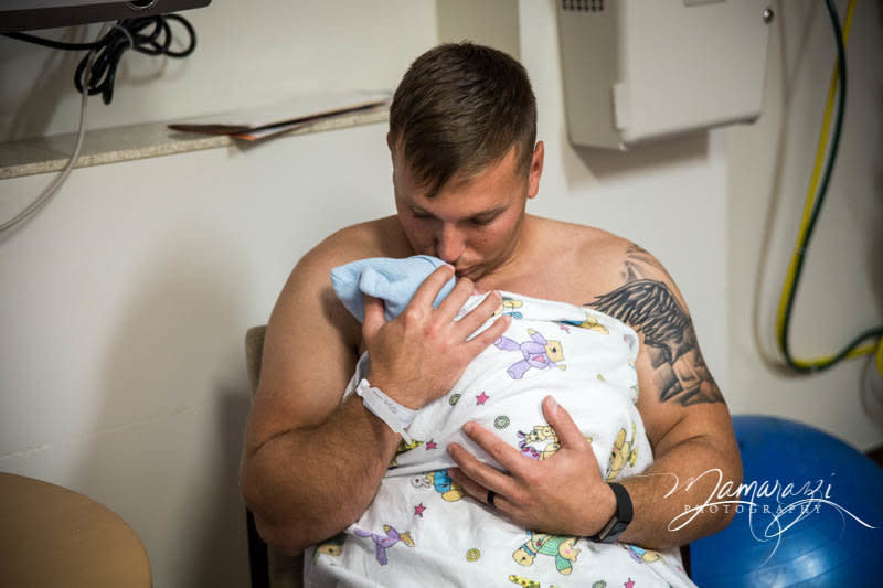 "I love it when dads do <a href="https://my.clevelandclinic.org/health/articles/skin-to-skin-contact-for-you-and-your-baby" target="_blank">skin-to-skin</a>! This Marine was so gentle and sweet with his newborn&nbsp;son."