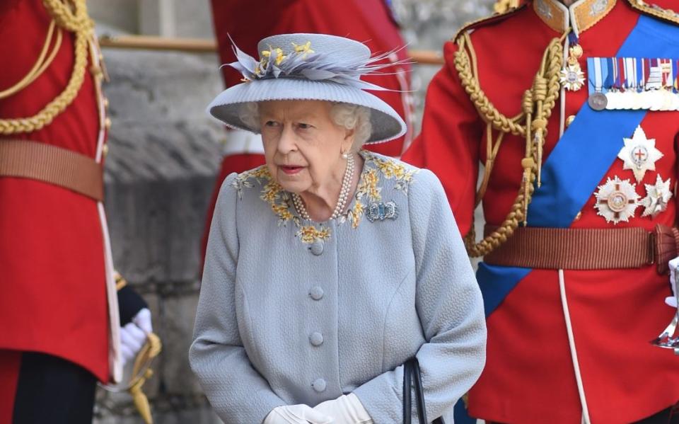 The Queen arrives at the 2021 Trooping the Colour parade wearing a brooch that belonged to her mother - EDDIE MULHOLLAND FOR THE TELEGRAPH
