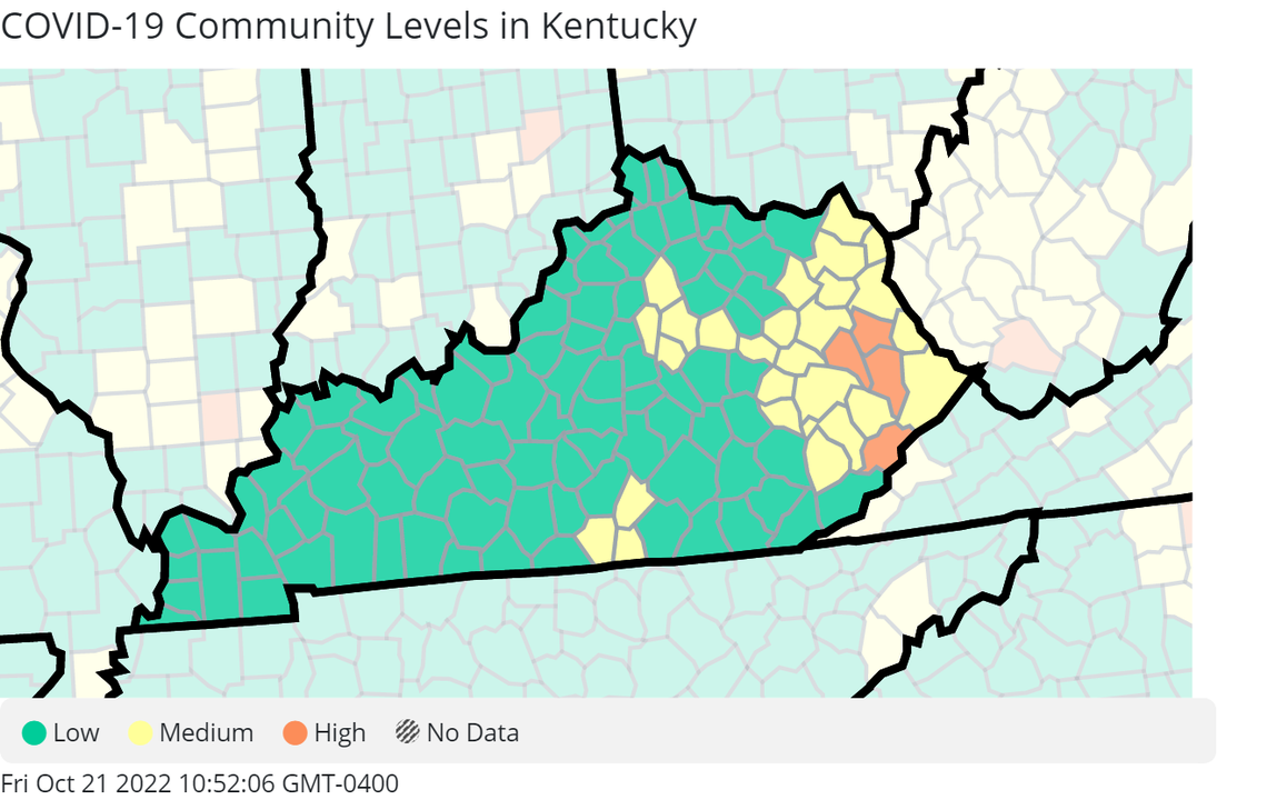 Four Kentucky counties -- including Floyd, Johnson, Letcher and Magoffin Counties -- were experiencing high community levels of COVID-19 as of Thursday, Oct. 20, 2022, the CDC’s COVID Data Tracker showed.