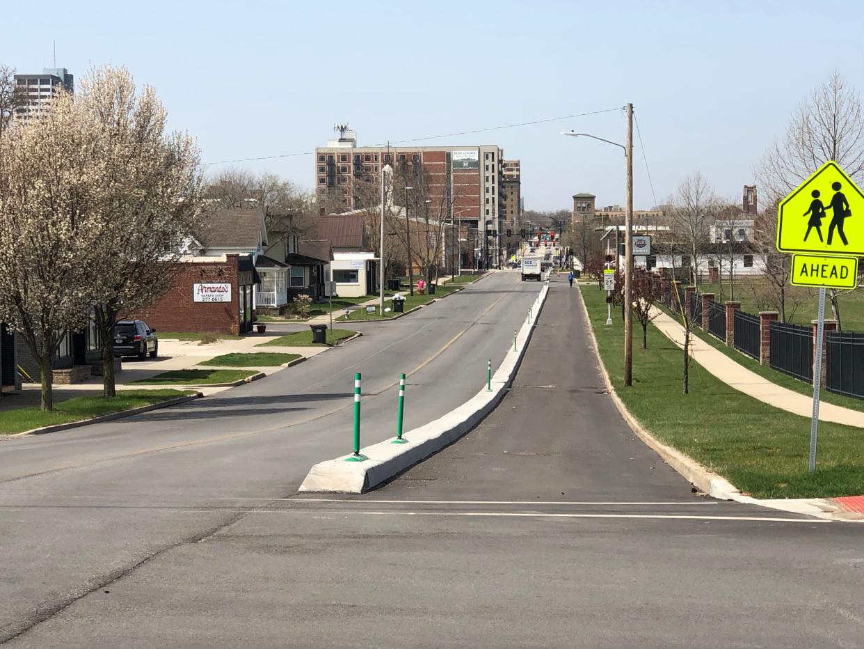 The newly built protected bike lane along LaSalle Avenue, seen on Monday, April 8, 2024, will be part of the trail from downtown South Bend to the University of Notre Dame.