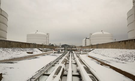 Snow covered transfer lines are seen with storage tanks at the Dominion Cove Point Liquefied Natural Gas terminal in Maryland