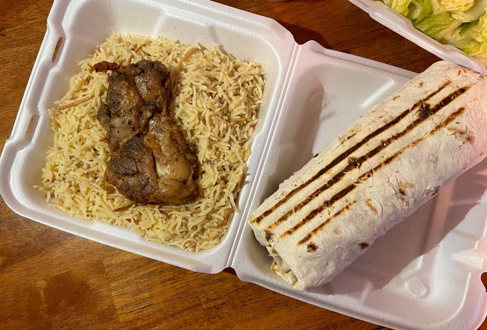 Wild Thyme's menu features shawarma and grilled chicken with rice pilaf, both shown here, plus shish kabobs, chicken wings, falafel, beet and Greek salads, khachapuri, french fries, coleslaw, pastries and soup of the day.