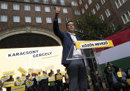 Budapest mayor Gergely Karacsony, one of the frontrunners in a race to unseat Hungary's Prime Minister Viktor Orban, holding a campaign event in Budapestt, Hungary on Sept. 17, 2021. The rally marked the start of a primary election that will choose a joint opposition candidate to face off with Hungary's hardline leader in polls next year. (AP Photo/Bela Szandelszky)