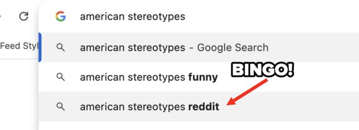 Google search autocomplete drop-down for "american stereotypes" shows suggestions: "- Google Search", "funny", "reddit"