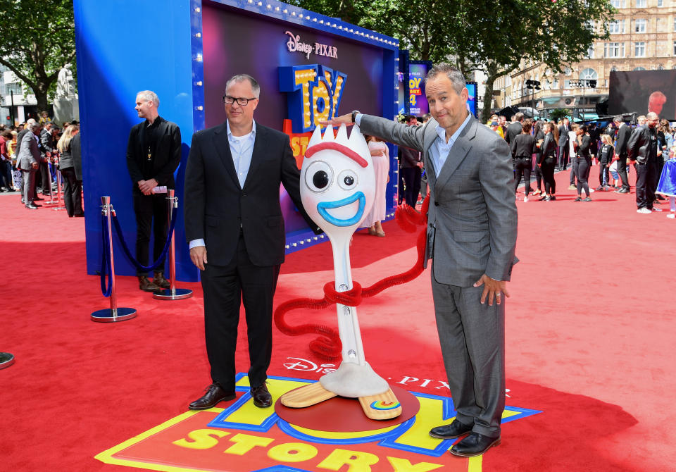 LONDON, ENGLAND - JUNE 16:  Mark Nielsen (L) and Jonas Rivera attend the European premiere of Disney and Pixar's "Toy Story 4" at the Odeon Luxe Leicester Square on June 16, 2019 in London, England. (Photo by Gareth Cattermole/Getty Images for Disney and Pixar)