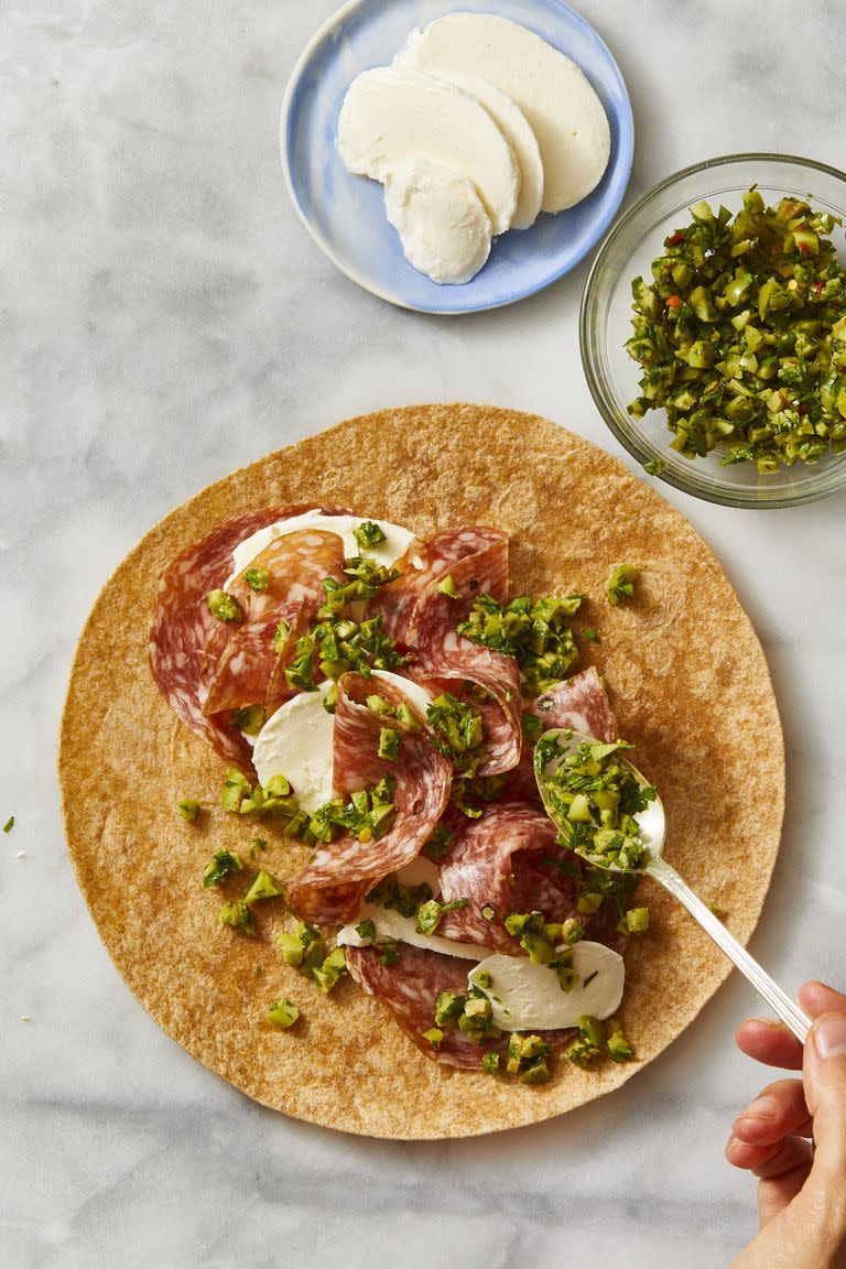 Salami, Mozzarella and Olive Tapenade Wraps