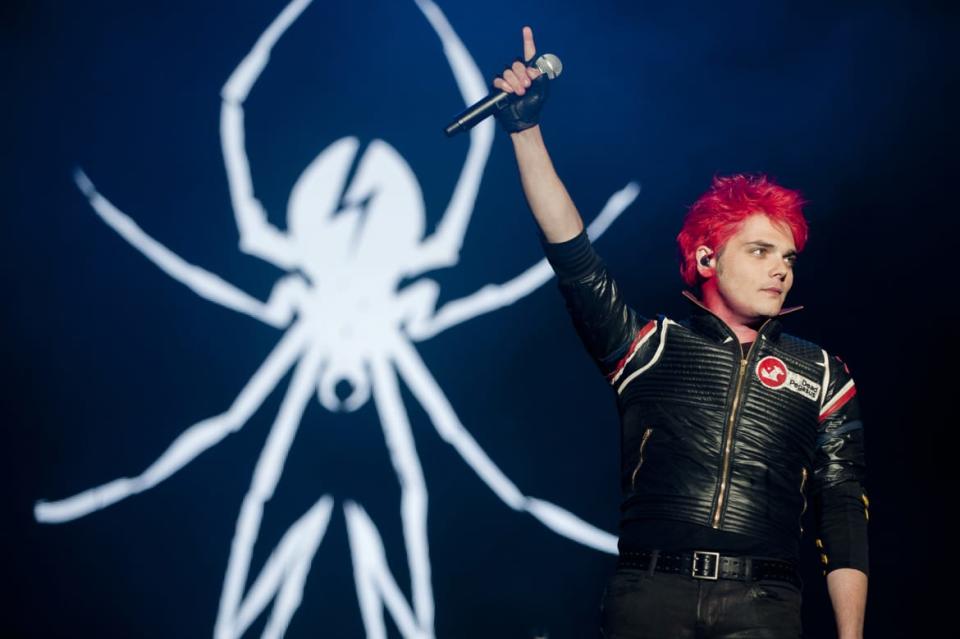 <div class="inline-image__caption"><p>Gerard Way on stage during Day 2 of Leeds Festival at Bramham Park on Aug. 27, 2011, in Leeds, United Kingdom.</p></div> <div class="inline-image__credit">Nick Pickles/Getty</div>