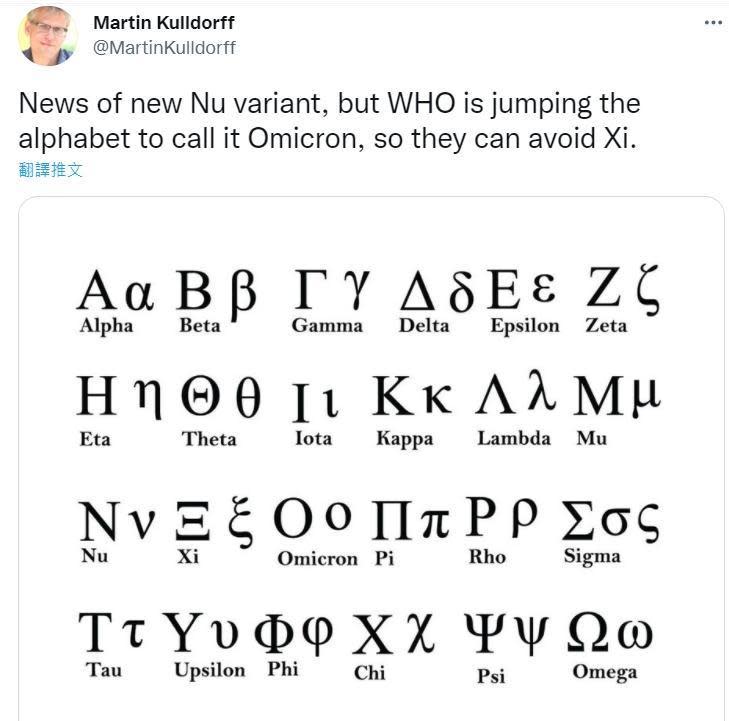 流行病學家Martin Kulldorff分享希臘字母表，直言「世衛跳過了Nu，直接命名為Omicron，因此也可以避開Xi」。（翻攝推特@MartinKulldorff）