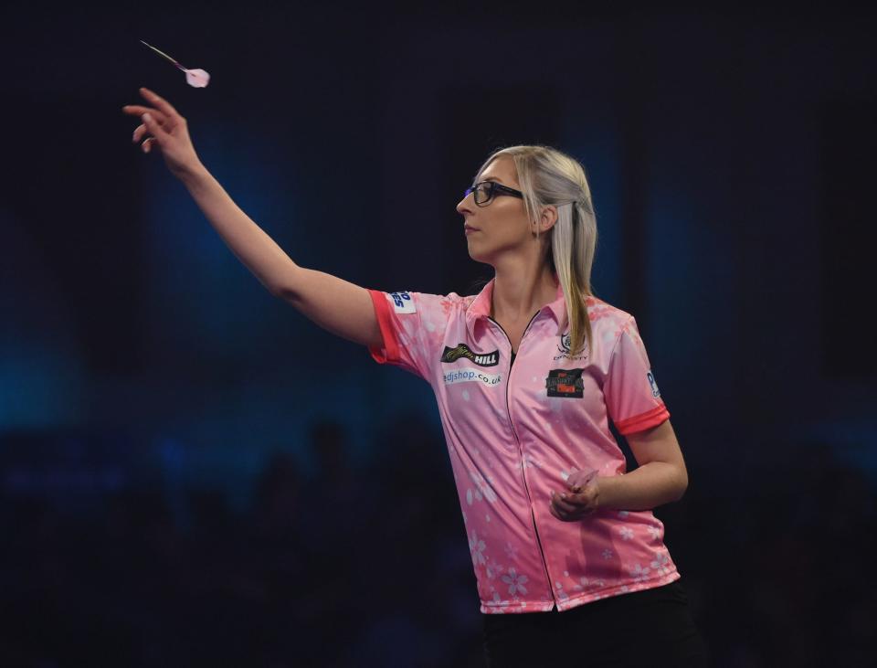Fallon Sherrock competes in the William Hill World Darts Championship at London's Alexandra Palace in 2020.