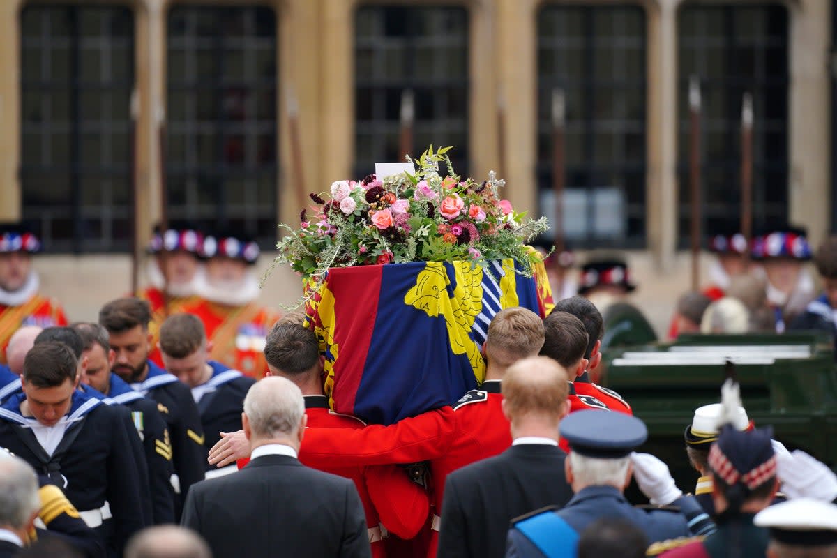 The coffin of Queen Elizabeth II being carried by pallbearers at the State Funeral held at Westminster Abbey, London. Picture date: Monday September 19, 2022. (PA Wire)