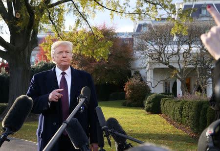 U.S. President Donald Trump speaks to the news media while walking to board Marine One to depart for travel to Mar-a-Lago from the White House in Washington, U.S., November 20, 2018. REUTERS/Leah Millis