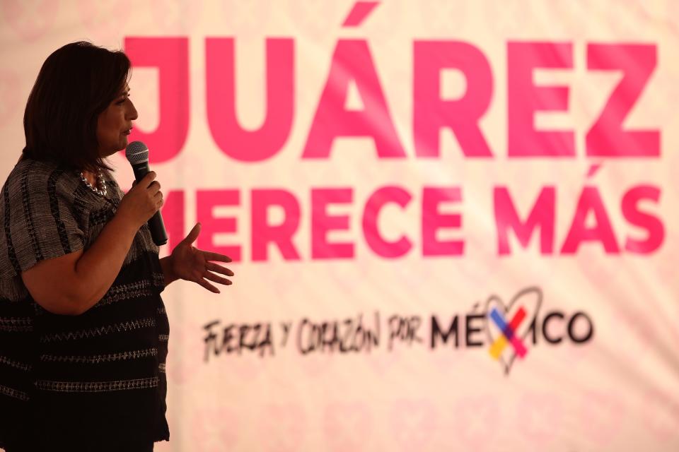 Mexican presidential candidate Xochitl Galvez for Fuerza y Corazón por México coalition parties speaks at a rally in Juárez on Saturday on April 13.