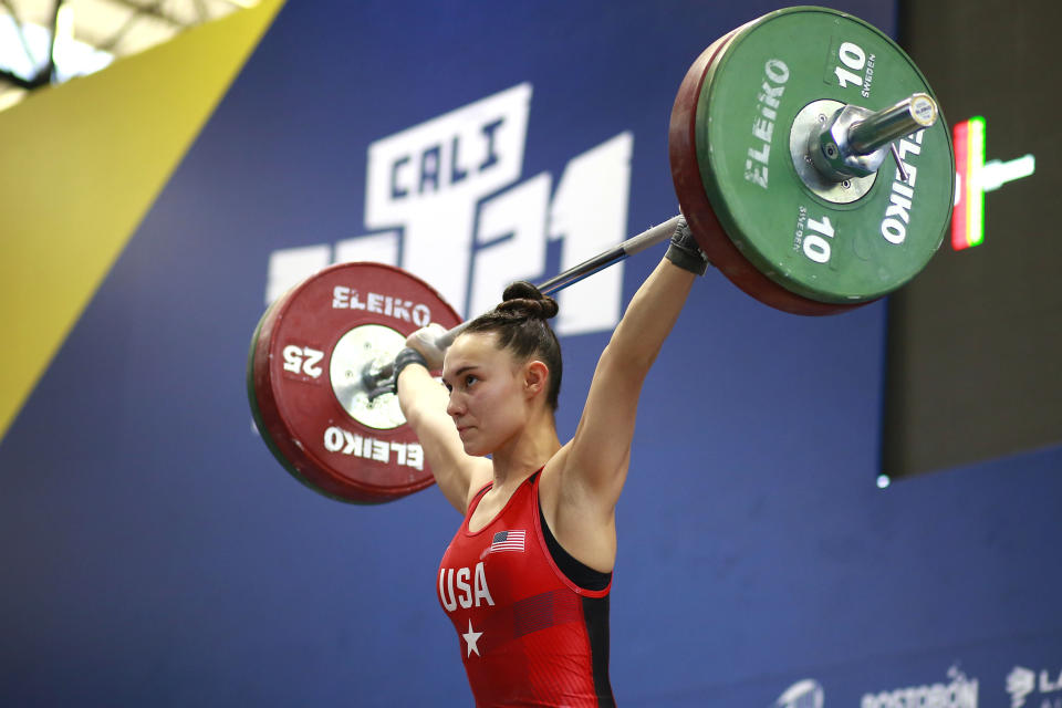 Meaghan Strey of USA lifts during the women's 59 kg weightlifting event, at the Ramon Elias Lopez Coliseum as part of the Junior Pan American Games Cali-Valle 2021 on November 27, 2021 in Cali, Colombia. (Photo by Cesar Gomez/Jam Media/Getty Images)