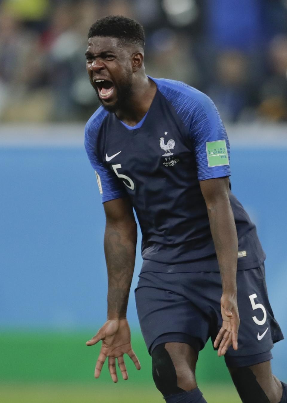 <p>France’s Samuel Umtiti celebrates at the end of the semifinal match between France and Belgium at the 2018 soccer World Cup in the St. Petersburg Stadium, in St. Petersburg, Russia, Tuesday, July 10, 2018. France won 1-0. (AP Photo/Petr David Josek) </p>