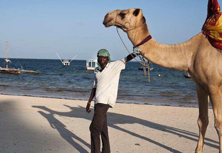A man offers camel rides to tourists on Bamburi beach in the coastal city of Mombasa on February 22, 2014