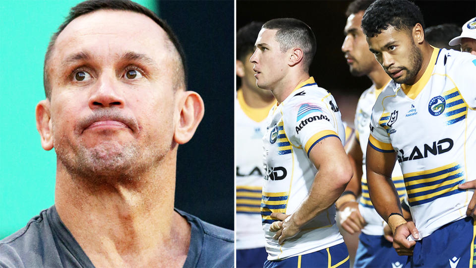 Matty Johns, pictured here alongside Parramatta Eels players in the NRL.